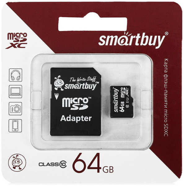 Карта памяти 64Gb - SmartBuy Micro Secure Digital HC Class 10 SB64GBSDCL10-01 с переходником под SD 21270730