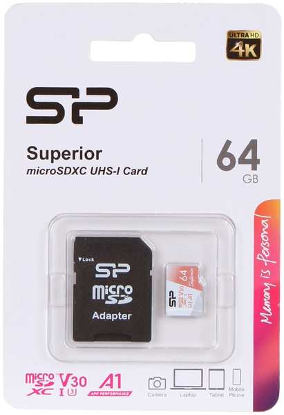 Карта памяти 64Gb - Silicon Power Superior A1 MicroSDXC Class 10 UHS-I U3 SP064GBSTXDV3V20SP с адаптером SD 21338585