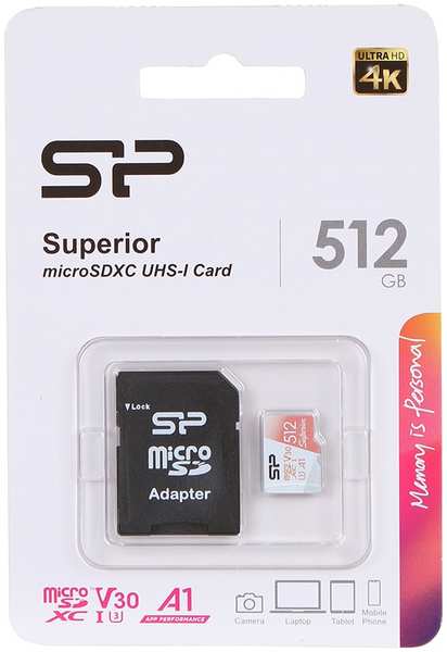 Карта памяти 512Gb - Silicon Power Superior A1 MicroSDXC Class 10 UHS-I U3 SP512GBSTXDV3V20SP с адаптером SD 21338589