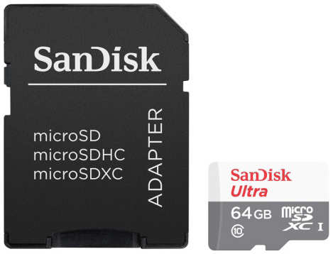 Карта памяти 64Gb - SanDisk Micro Secure Digital XC UHS-I SDSQUNR-064G-GN3MA с переходником под SD 21340331