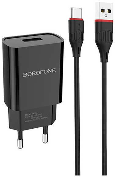 Зарядное устройство Borofone BA20A Sharp 1xUSB 2.1А + кабель Type-C Black 6931474702142 21357459