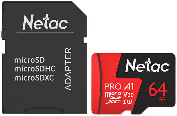 Карта памяти 64Gb - Netac P500 Extreme Pro MicroSDXC Class 10 A1 V30 NT02P500PRO-064G-R с переходником под SD