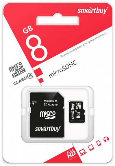 Карта памяти 8Gb - SmartBuy Micro Secure Digital HC Class 4 SB8GBSDCL4-01 с переходником под SD 21502501