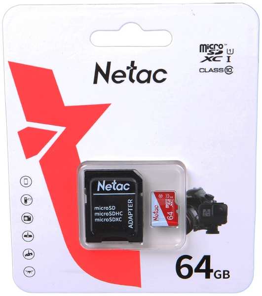 Карта памяти 64Gb - Netac MicroSD P500 Eco UHS-I Class 10 NT02P500ECO-064G-R + с переходником под SD 21505236