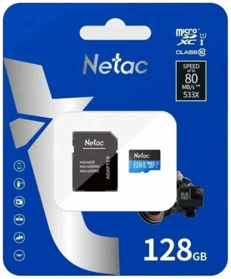 Карта памяти 128Gb - Netac microSDHC P500 NT02P500STN-128G-R с переходником под SD 21534098