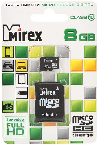 Карта памяти 8Gb - Mirex - Micro Secure Digital HC Class 10 13613-AD10SD08 с переходником под SD 21788452
