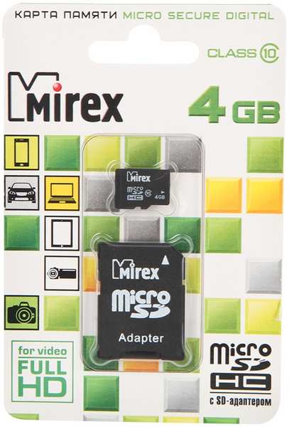 Карта памяти 4Gb - Mirex - Micro Secure Digital HC Class 10 13613-AD10SD04 с переходником под SD 21788457