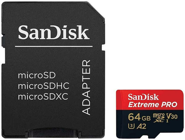 Карта памяти 64Gb - SanDisk Extreme Pro Micro Secure Digital XC Class 10 UHS-I A2 C10 V30 U3 SDSQXCU-064G-GN6MA с переходником под SD 218448664