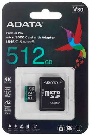 Карта памяти 512Gb - A-Data MicroSDHC UHS-I U3 Class 10 V30S A2 AUSDX512GUI3V30SA2-RA1 с переходником под SD 218460806