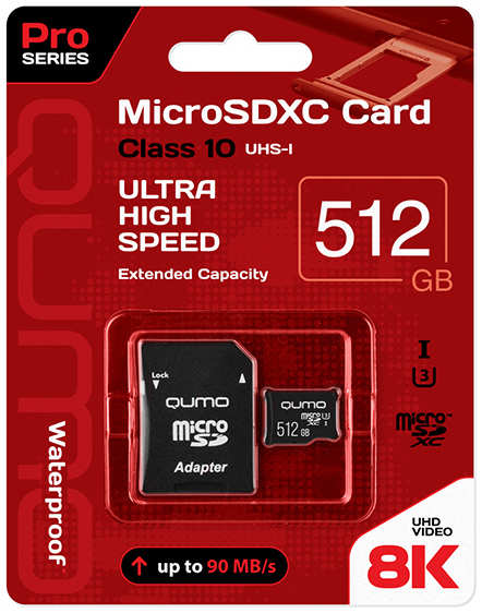 Карта памяти 512Gb - Qumo Pro Seria Micro Secure Digital XC Class 10 UHS-I U3 QM512GMICSDXC10U3 с переходником под SD