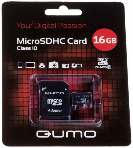 Карта памяти QUMO MicroSDHC 16 GB Сlass 10 с адаптером SD