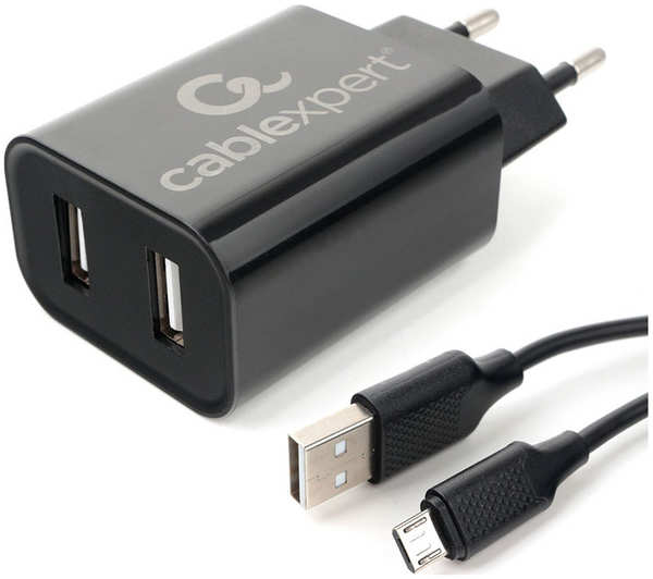 Сетевая зарядка + Micro USB кабель Cablexpert MP3A-PC-35 USB 2 порта, 2.4A, черный + кабель 1м micro MP3A-PC-35 USB 2 порта 2.4A черный + кабель 1м micro 27392767