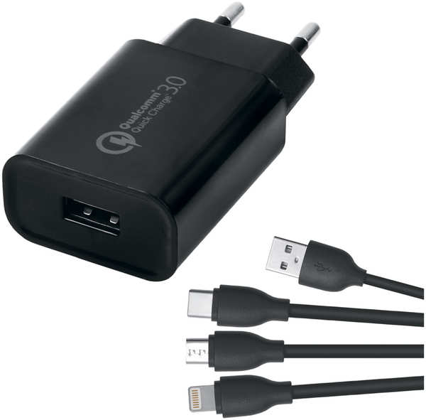 Сетевое зарядное устройство Red Line Tech, USB QC 3.0, модель NQC1-3A, + кабель 3в1, USB – microUSB + Lightning + Type-C, 2A, черный (УТ000032803) Сетевое зарядное устройство Red Line Tech, USB QC 3.0, модель NQC1-3A, + кабель 3в1, USB – microUSB + Lightn 278869901