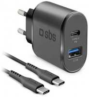 Сетевое зарядное устройство SBS, 2 порта: USB Power Delivery 18Вт + кабель Type-C- Type-C, (TEKITTRPDCCK)