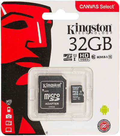 Карта памяти Kingston Canvas Select microSDHC UHS-I 32GB Class 10 с адаптером