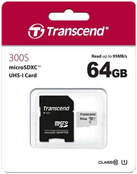 Карта памяти Transcend MicroSD 64GB UHS-I U1 (TS64GUSD300S-A) 348446666268