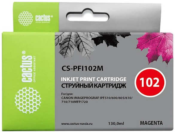 Картридж струйный Cactus CS-PFI102M пурпурный 130мл для Canon IP iPF500 iPF600 iPF700 MFP M40 iPF765 LP17 LP24 3659980