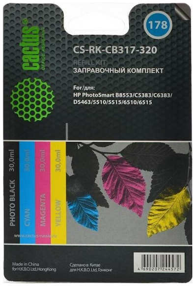 Заправочный набор Cactus CS-RK-CB317-320 цветной (4x30мл) HP PhotoSmart B8553 C5383 C6383 D5463 5510