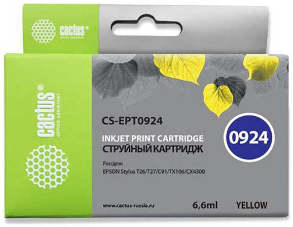 Картридж струйный Cactus CS-EPT0924 желтый для Epson Stylus C91/ CX4300/ T26/T27/TX106/TX109 (6,6ml) 36847262