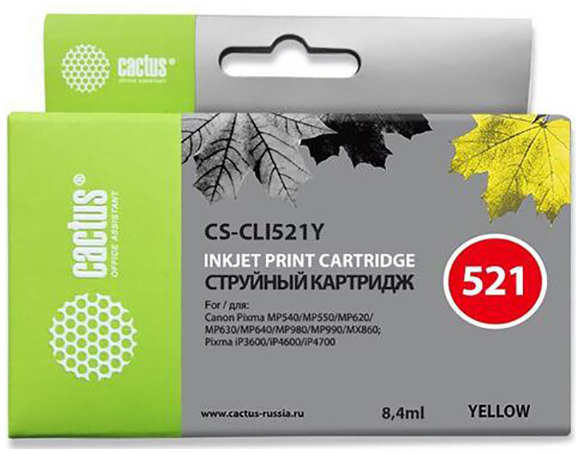Картридж струйный Cactus CS-CLI521Y желтый для Canon Pixma MP540/ MP550/ MP620/ MP630; MX860,(8,2ml) 36847293