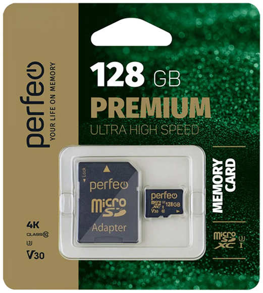 Карта памяти SDXC Micro Perfeo 128GB Class10 UHS-3 V30 с адап.(PF128GMCSX10V30A)