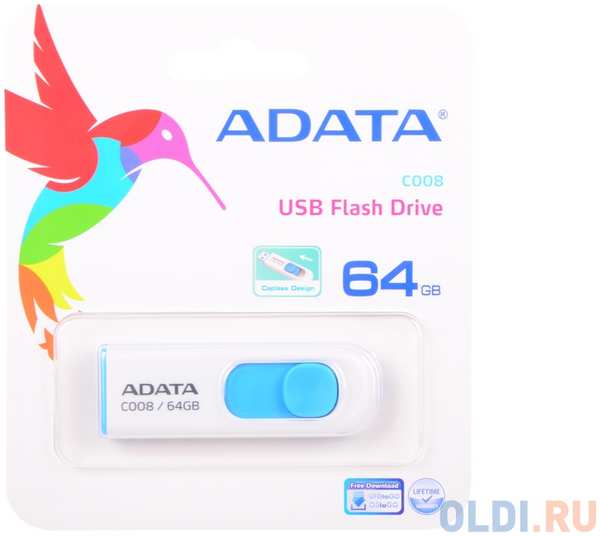 A-Data Внешний накопитель 64GB USB Drive ADATA USB 2.0 C008 бело-синяя выдвижная AC008-64G-RWE