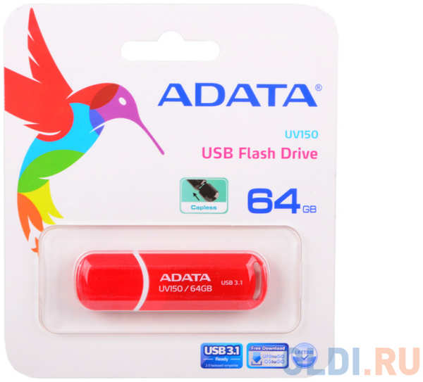 A-Data Внешний накопитель 64GB USB Drive ADATA USB 3.1 UV150 красная 90/20 МБ/с AUV150-64G-RRD 434068004