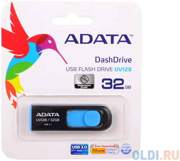 A-Data Внешний накопитель 32GB USB Drive ADATA USB 3.1 UV128 черно-синяя выдвижная AUV128-32G-RBE
