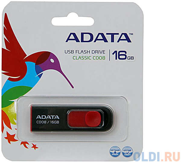 A-Data Внешний накопитель 16GB USB Drive ADATA USB 2.0 C008 черно-красная выдвижная AC008-16G-RKD