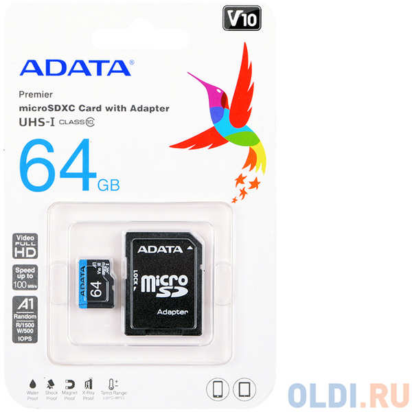 A-Data Карта памяти 64GB Adata Premier MicroSDXC UHS-I A1 Class 10 100/25 MB/s с адаптером