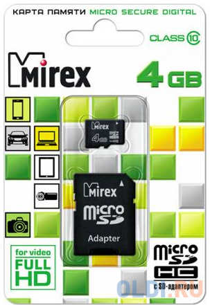 Карта памяти Micro SDHC 4GB Class 10 Mirex 13613-AD10SD04 + адаптер SD 434171616