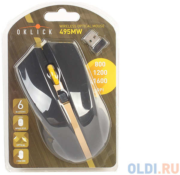Мышь Oklick 495MW черный/золотистый оптическая (1600dpi) беспроводная USB (6but) 434187057