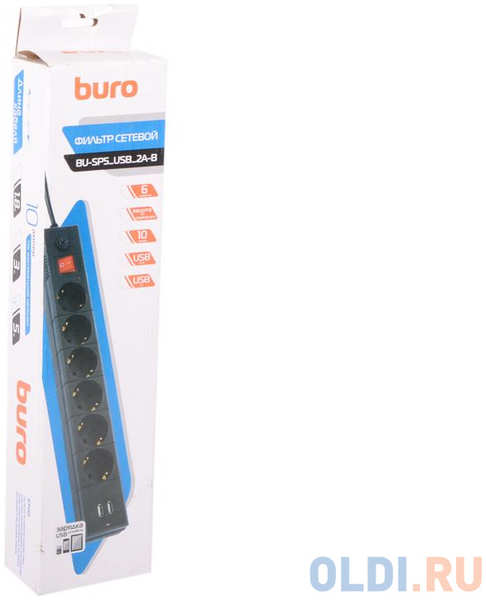 Сетевой фильтр BURO BU-SP5_USB_2A-B 6 розеток 5 м черный