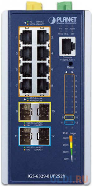 Коммутатор/ PLANET IGS-6329-8UP2S2X IP30 DIN-rail Industrial L3 8-Port 10/100/1000T 802.3bt PoE + 2-port 1G/2.5G SFP + 2-Port 10G SFP+ Full Managed Sw 4346403395