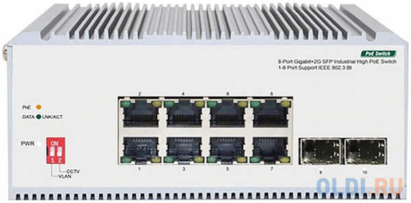 Origo Unmanaged Industrial Switch 8x1000Base-T PoE, 2x1000Base-X SFP, PoE Budget 185W, Surge 4KV, -40 to 75°C