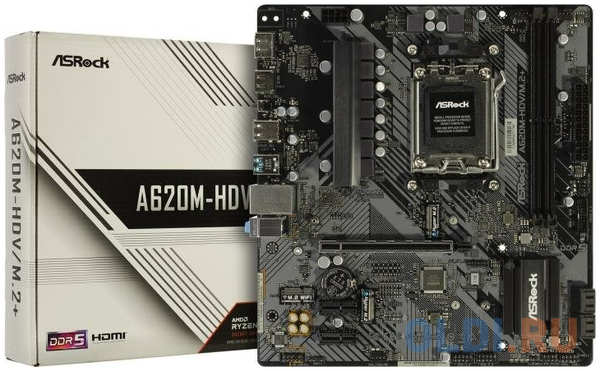 ASRock A620M-HDV/M.2+, Socket AM5, AMD A620, 2xDDR5-5200, HDMI+DP, 1xPCI-Ex16, 2xPCI-Ex1, 4xSATA3(RAID 0/1/10), 2xM.2, 8 Ch Audio, GLan, (2+4)xUSB2.0, (3+2)x 4346411181