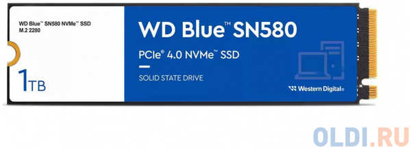 Western Digital Твердотельный накопитель/ WD SSD SN580 NVMe, 1000GB, M.2(22x80mm), NVMe, PCIe 3.0 x4, 3D TLC, R/W 3500/3000MB/s, IOPs 460 000/450 000, TBW 600, D