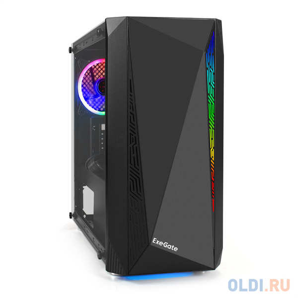 Корпус Minitower ExeGate Mistery R2-NPX600 (mATX, БП 600NPX с вент. 12 см, 2*USB+1*USB3.0, аудио, черный, 1 вент. 12см с RGB подсветкой и полоса на пе 4346414286