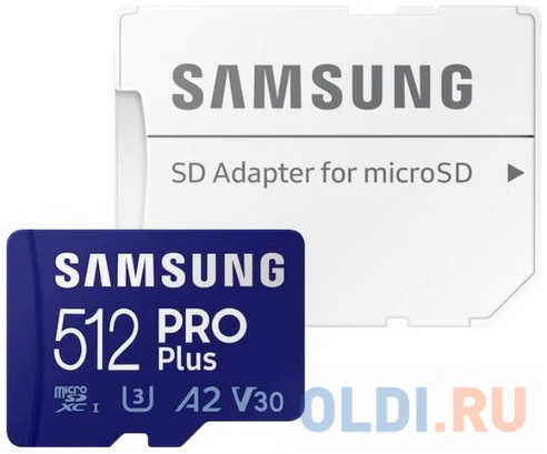 Флеш карта microSDXC 512GB Samsung PRO Plus Class 10, A2, V30, UHS-I (U3), W 130 МБ/с, R 180 МБ/с, адаптер на SD 4346432044