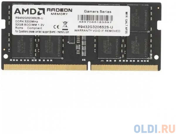 32GB AMD Radeon™ DDR4 3200 SO DIMM R9 Gamer Series Gaming Memory R9432G3206S2S-UO Non-ECC, CL16 R9432G3206S2S-UO 1.2V, Bulk/Tray 4346435208