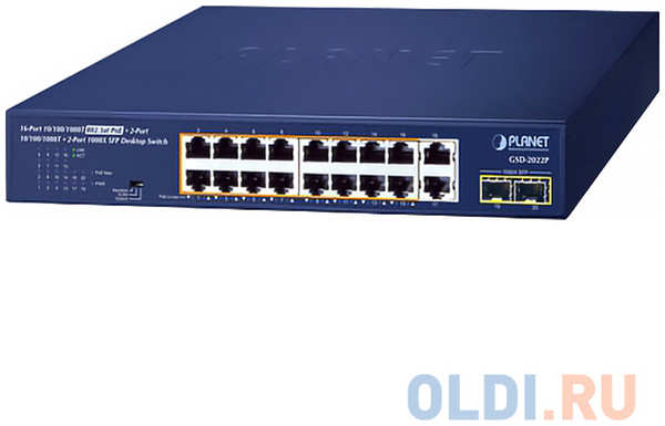PLANET GSD-2022P 16-Port 10/100/1000T 802.3at PoE + 2-Port 10/100/1000T + 2-Port 1000X SFP Unmanaged Gigabit Ethernet Switch (185W PoE Budget, Standar