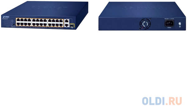 Коммутатор/ PLANET 24-Port 10/100TX 802.3at PoE + 2-Port 10/100/1000T + 1-Port shared 1000X SFP Unmanaged Gigabit Ethernet Switch (185W PoE Budget, St