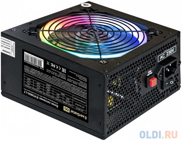 Блок питания 800W ExeGate EVO800-LT (ATX, APFC, PC, 12cm RGB fan, 24pin, (4+4)pin, PCI-E, 5xSATA, 3xIDE, FDD, кабель 220V в комплекте)