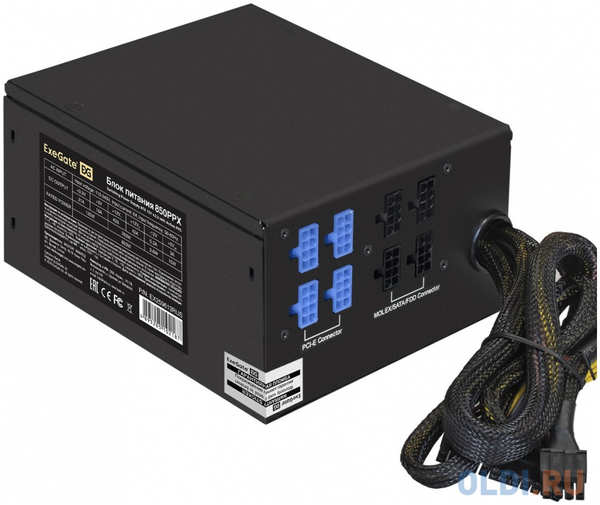 Блок питания 850W ExeGate 850PPX (ATX, APFC, SC, КПД 80% (80 PLUS), 14cm fan, 24pin, 2x(4+4)pin, PCIe, 5xSATA, 4xIDE, FDD, Cable Management, кабель 22