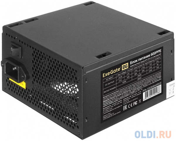 Блок питания 600W ExeGate 600PPE (ATX, APFC, PC, КПД 80% (80 PLUS), 12cm fan, 24pin, (4+4)pin, PCIe, 5xSATA, 3xIDE, FDD, black, кабель 220V в комплект 4346487169