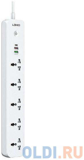 LDNIO SC5319/ Сетевой удлинитель 2м/ 5 розеток EU_UK_US/ 2500W/ 3 USB: QC 3.0+PD 3.0 38W/ White 4346490218