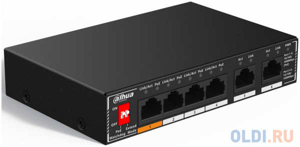 DAHUA DH-SG1006P 6-портовый гигабитный неуправляемый коммутатор c PoE, 4xRJ45 1Gb PoE, 2xRJ45 1Gb uplink, суммарно 60Вт, коммутация 14 Гбит/с, MAC-таб 4346490269