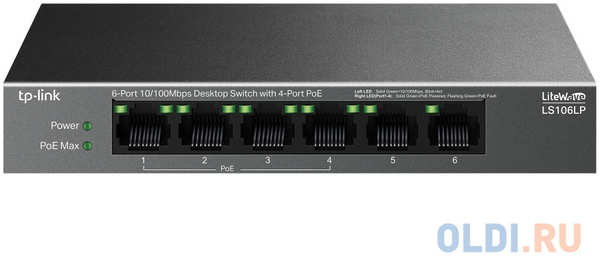 TP-Link LS106LP, Настольный коммутатор с 6 портами 10/100 Мбит/с (4 порта PoE), 802.3af, бюджет PoE — 41 Вт, до 250 метров 4346493060