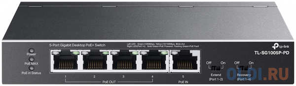 TP-Link TL-SG1005P-PD, Настольный коммутатор с 5 гиг. портами (1 порт с входящим PoE++, 4 порта с исходящим PoE+), бюджет PoE: 9, 21, 47 или 66 Вт (за 4346493076