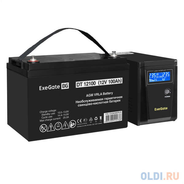 Комплект ИБП EX295986RUS + батарея 100Aч EX282985RUS 1шт (инвертор, синус, для котла) ExeGate SineTower SZ-600.LCD.AVR.1SH<600VA/360W, чистый сину